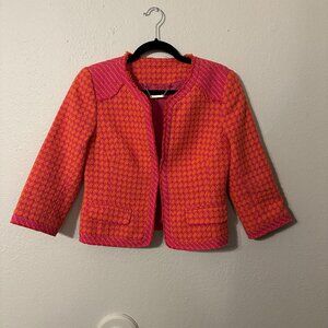 Trina Turk Pink & Orange Tweed Blazer – Frayed Trim Statement Jacket